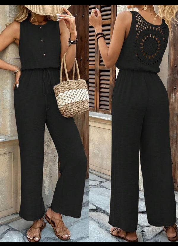 Tuta in chiffon Bottoni pantalone palazzo elastico in vita con lacci regolabile Leggero Morbido