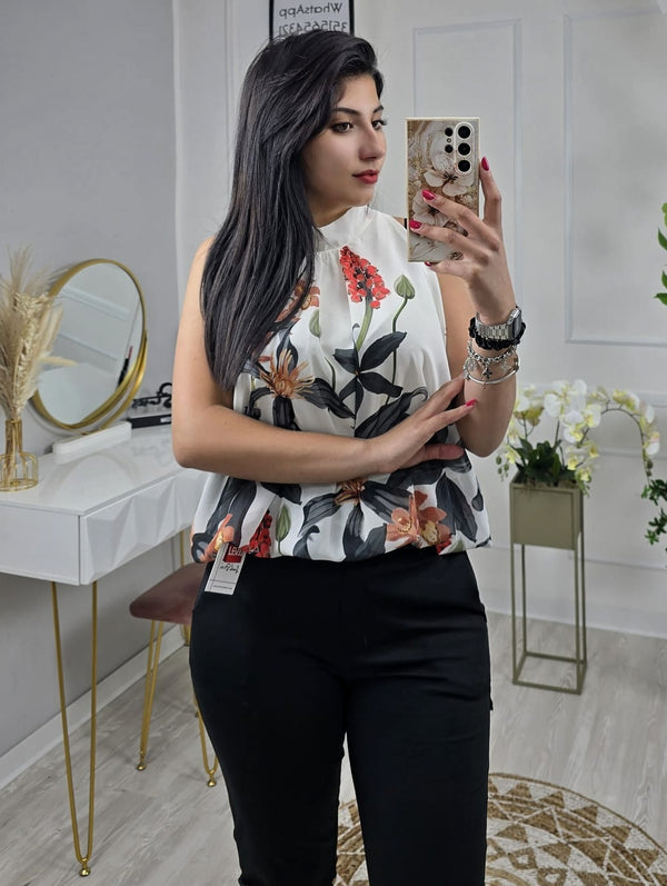 Top con scollo all'americana con fantasia floreale