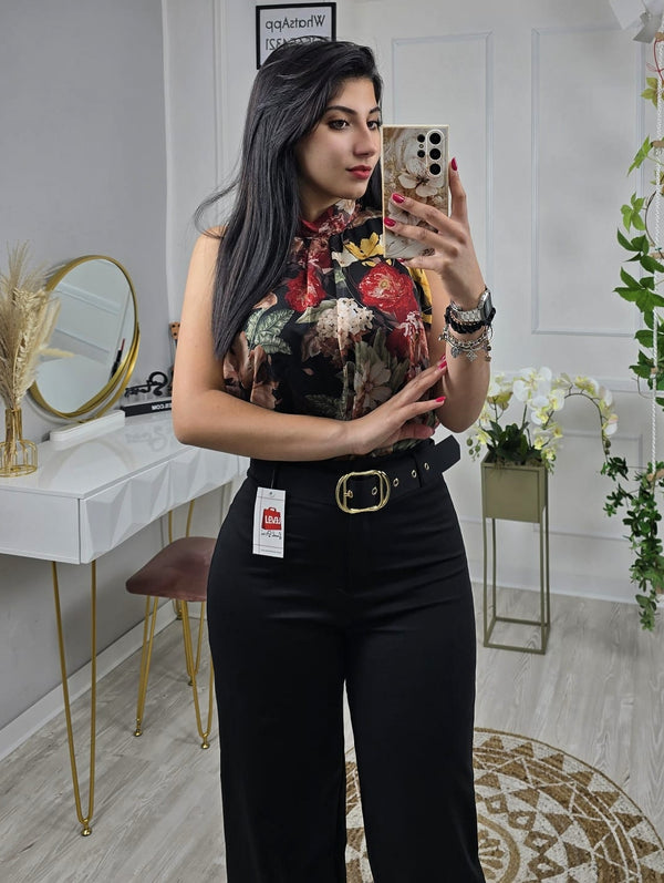 Top in chiffon con scollo all'americana con fantasia floreale