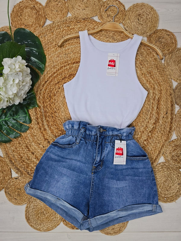 Short in jeans con vita alta a caramella