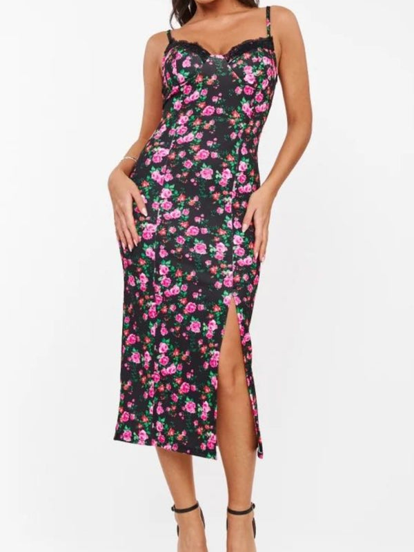 Abito Donna in pizzo Longuette Scollo Cuore con preformate Bretelle Fantasia Floreale Spacco Aderente Elegante
