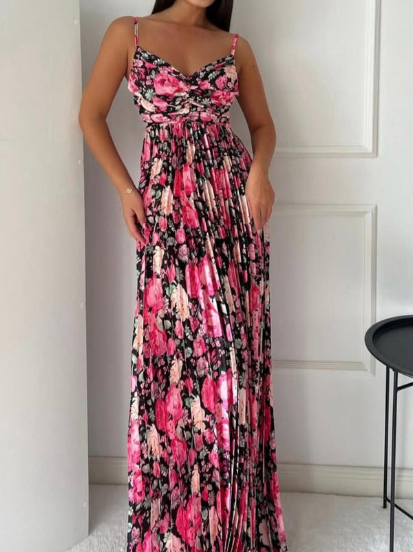 Abito lungo con bretelle in raso con scollo a cuore fantasia floreale plissettato