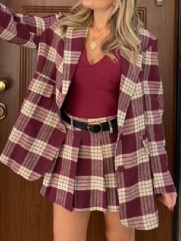Completo in panno Giacca blazer con bottoni e pantagonna con fantasia scozzese elastico in vita inclusa la cintura pensato caldo e morbido