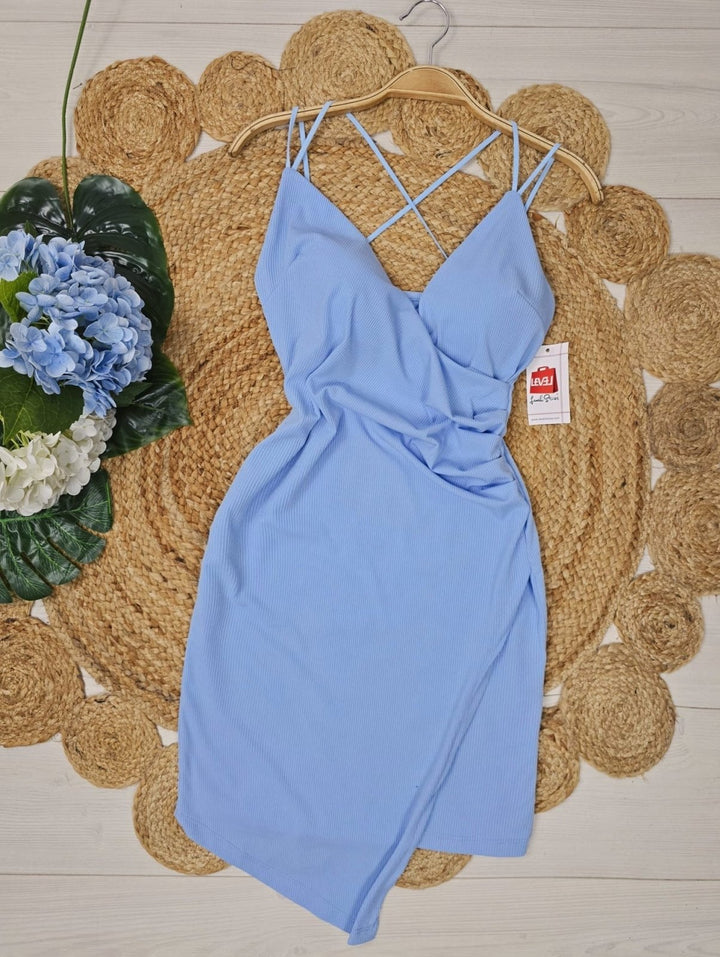Abito a costine con coppe scollo a V Aderente Elasticizzato - Celeste - Level Stores