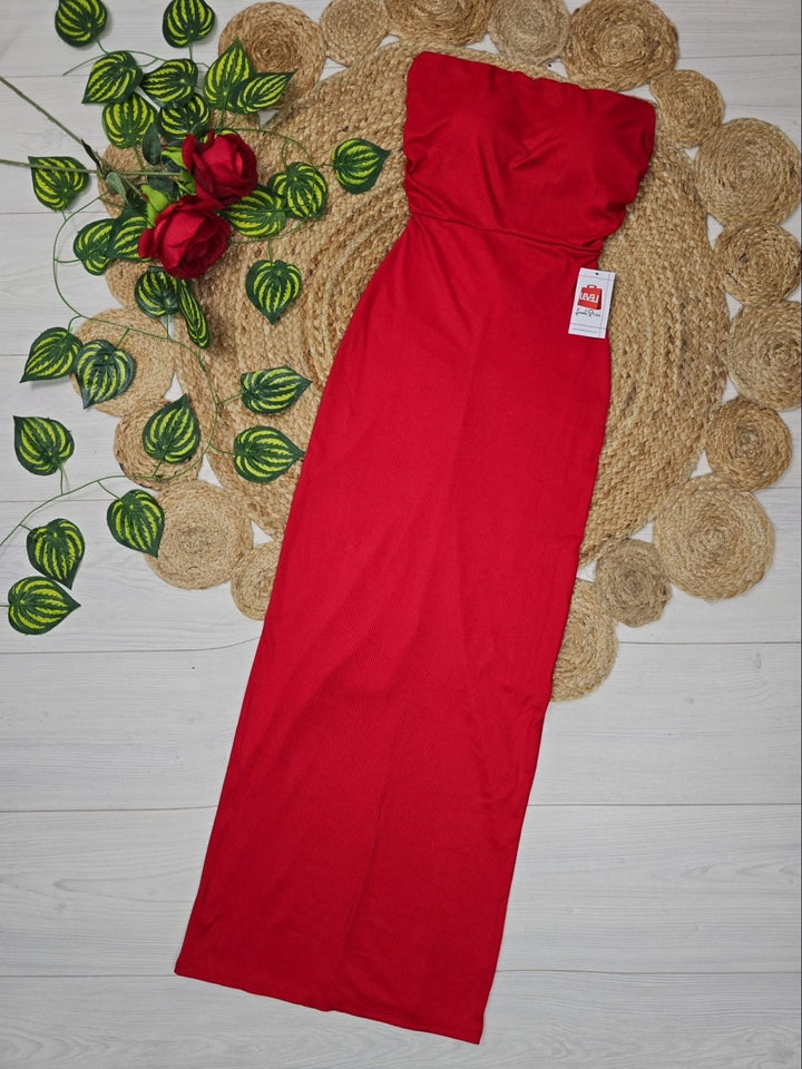 Abito a costine lungo a fascia con coppe - Rosso - Level Stores
