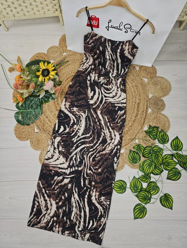 Abito a costine Strass con fantasia animale - Nero/Marrone - Level Stores