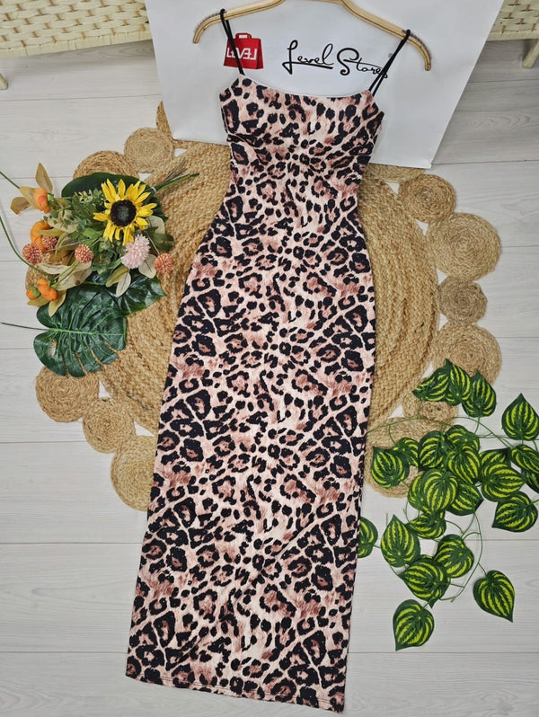 Abito a costine Strass con fantasia maculato - Nero/Camel - Level Stores