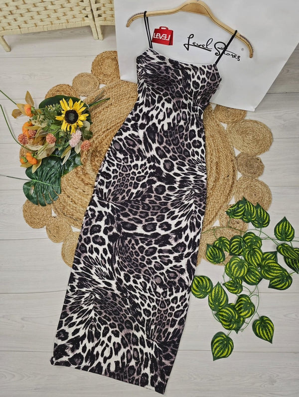 Abito a costine Strass con fantasia maculato - Nero/Bianco - Level Stores