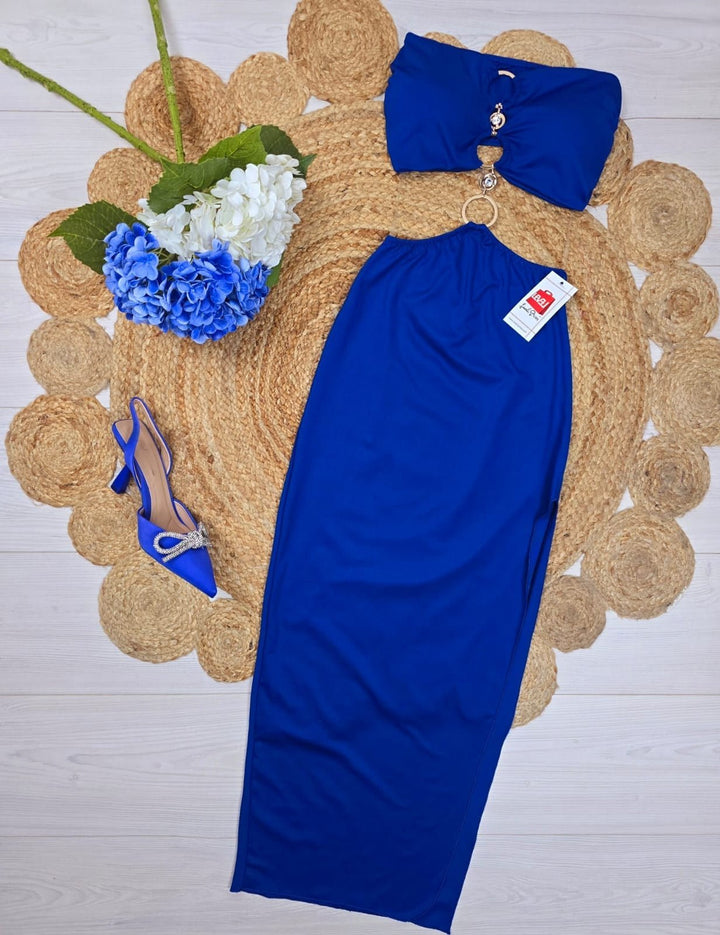 Abito a fascia lungo effetto lycra coppe preformate e spacco - Blu elettrico - Level Stores