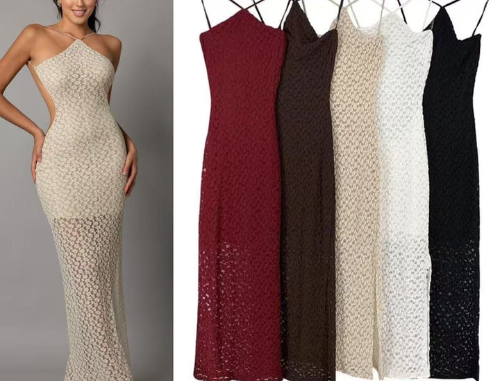 Abito con bretelle Aderente ed elasticizzato in pizzo con Spacco Elegante Nero Level Stores