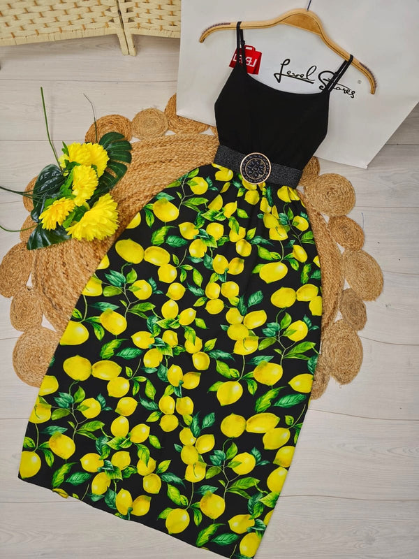 Abito con bretelle con fantasia limone Siciliana - Fondo nero - Level Stores