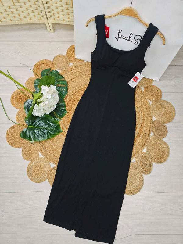 Abito con coppe a costine e spacco - Nero - Level Stores