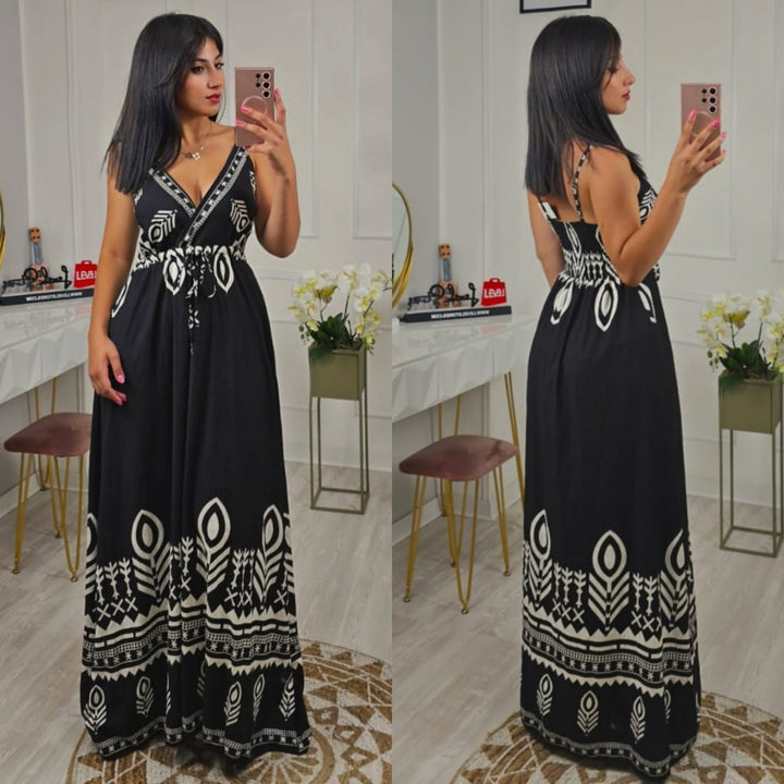 Abito con fantasia astratta scollo a v con cintura regolare - Nero - Level Stores