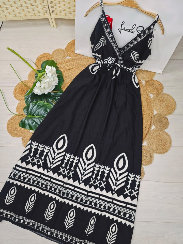 Abito con fantasia astratta scollo a v con cintura regolare - Nero - Level Stores