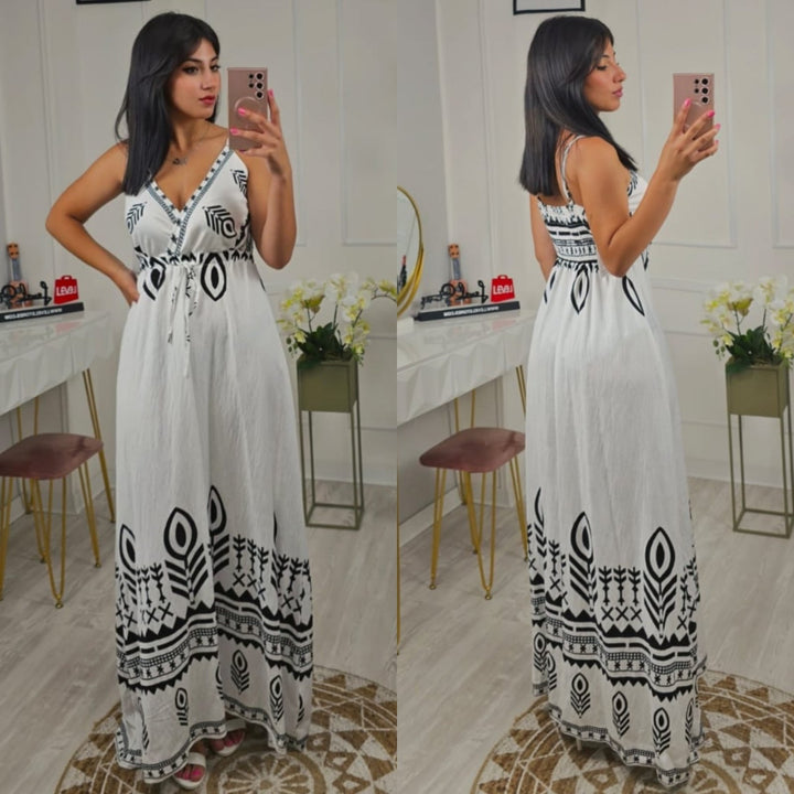 Abito con fantasia astratta scollo a v con cintura regolare - Nero - Level Stores