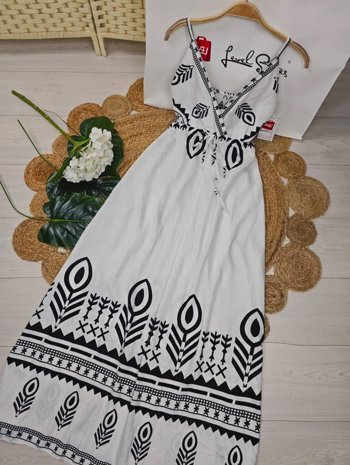 Abito con fantasia astratta scollo a v con cintura regolare - Bianco - Level Stores