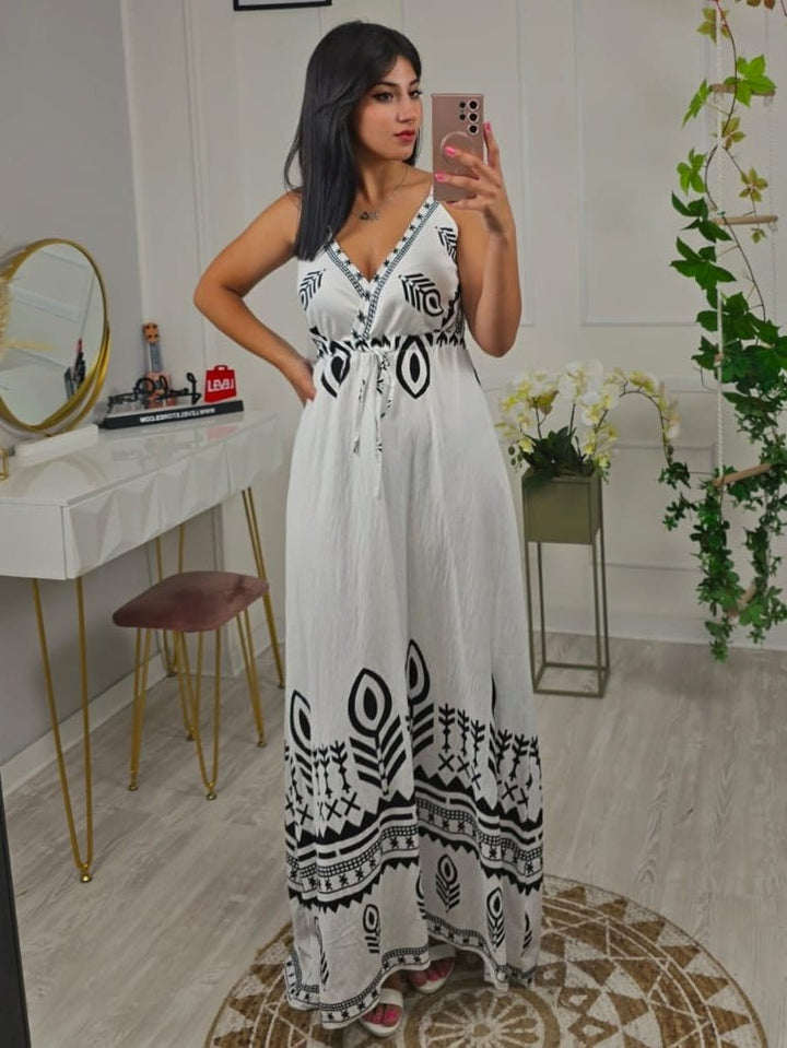 Abito con fantasia astratta scollo a v con cintura regolare - Nero - Level Stores