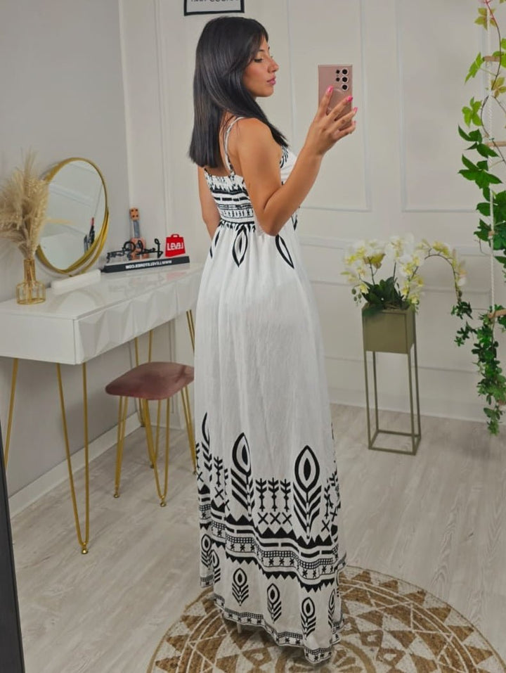 Abito con fantasia astratta scollo a v con cintura regolare - Bianco - Level Stores