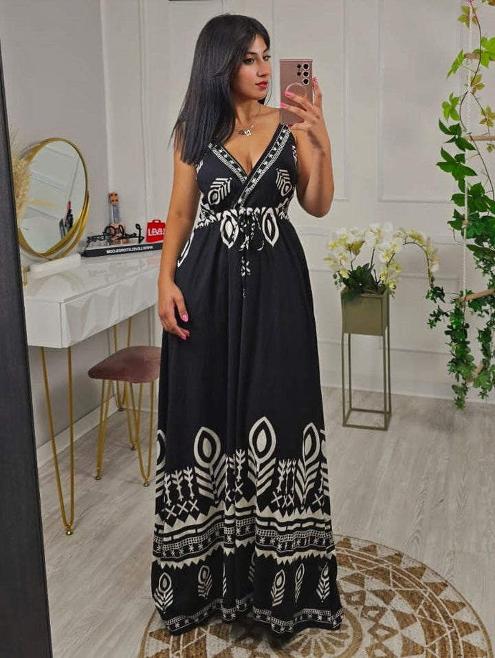 Abito con fantasia astratta scollo a v con cintura regolare - Nero - Level Stores
