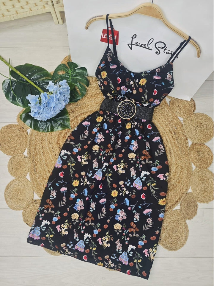 Abito con fantasia floreale con elastico in vita con bretelle con coppe preformate - Nero - Level Stores