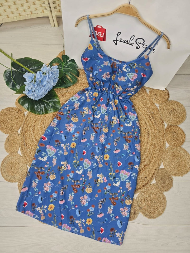 Abito con fantasia floreale con elastico in vita con bretelle con coppe preformate - Blu - Level Stores
