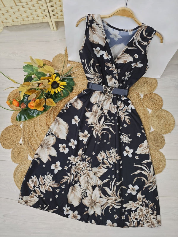 Abito con fantasia floreale con elastico in vita scollo a v con spalle larghe - Beige - Level Stores