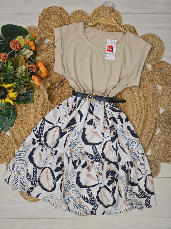 Abito con fantasia foglia inclusa la cintura - Beige - Level Stores