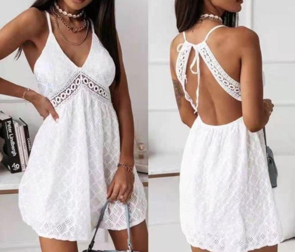 Abito Corto collo all'americana in pizzo - Bianco - Level Stores