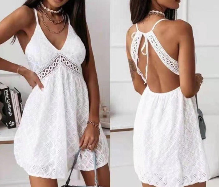Abito Corto collo all'americana in pizzo - Bianco - Level Stores