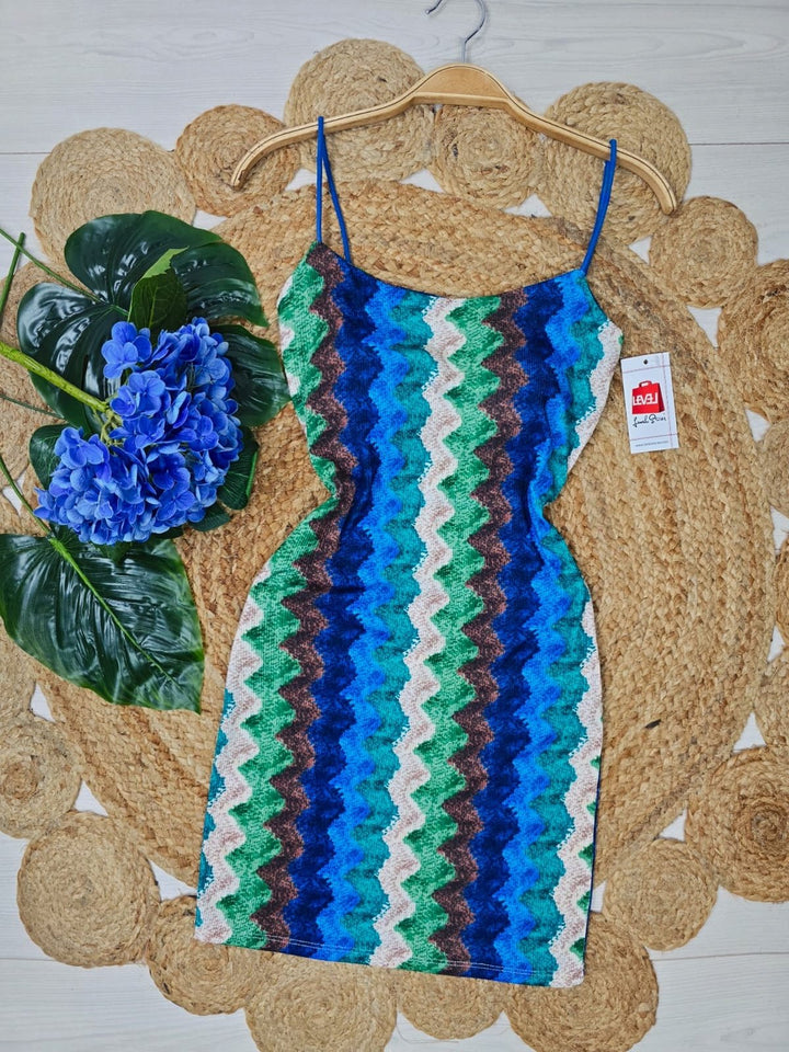 Abito corto con coppe preformate con bretelle a costine con fantasia zig zig multicolore Aderente Elasticizzato - Blu elettrico - Level Stores