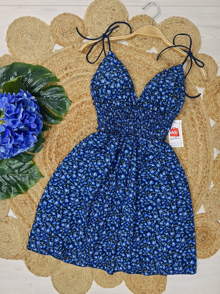 Abito corto con fantasia floreale con coppe preformate con bretelle Elastico sul retro Gonna svasata - Blu - Level Stores