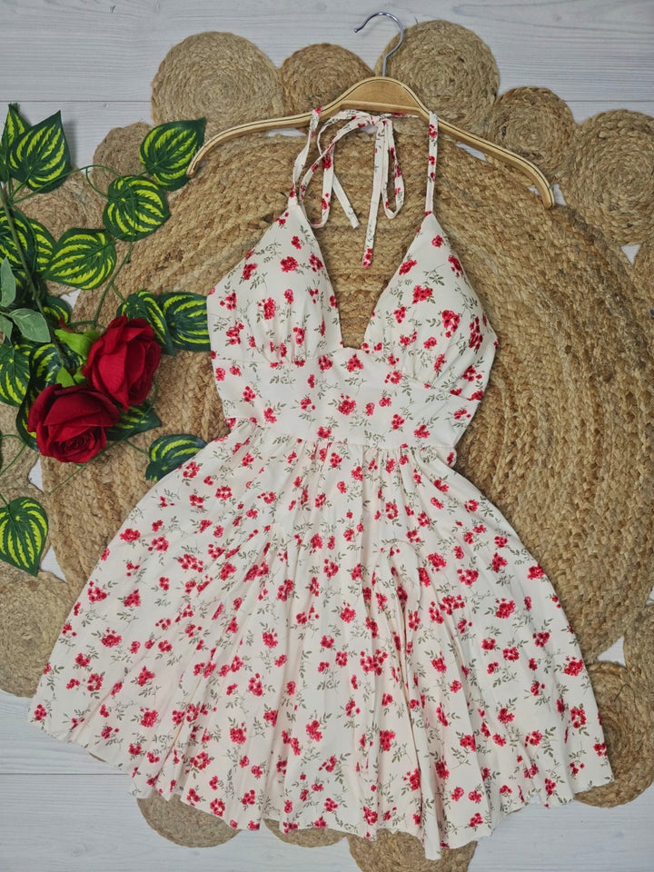 Abito corto con fantasia floreale con coppe preformate con scollo all'americana Elastico sul retro Gonna balza volant Nero/Rosso Level Stores