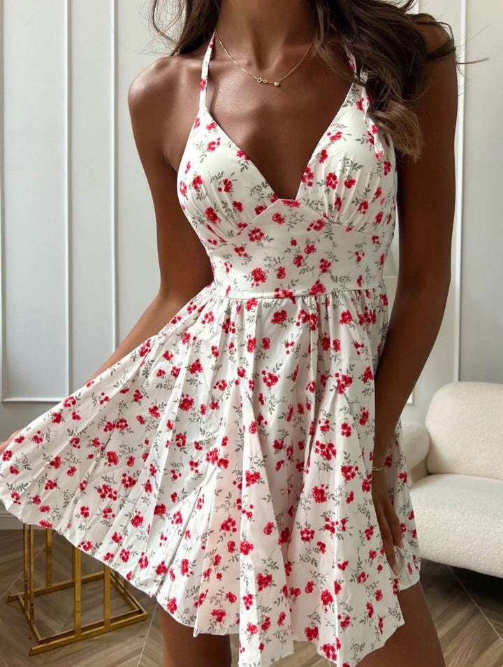 Abito corto con fantasia floreale con coppe preformate con scollo all'americana Elastico sul retro Gonna balza volant - Bianco/Rosso - Level Stores