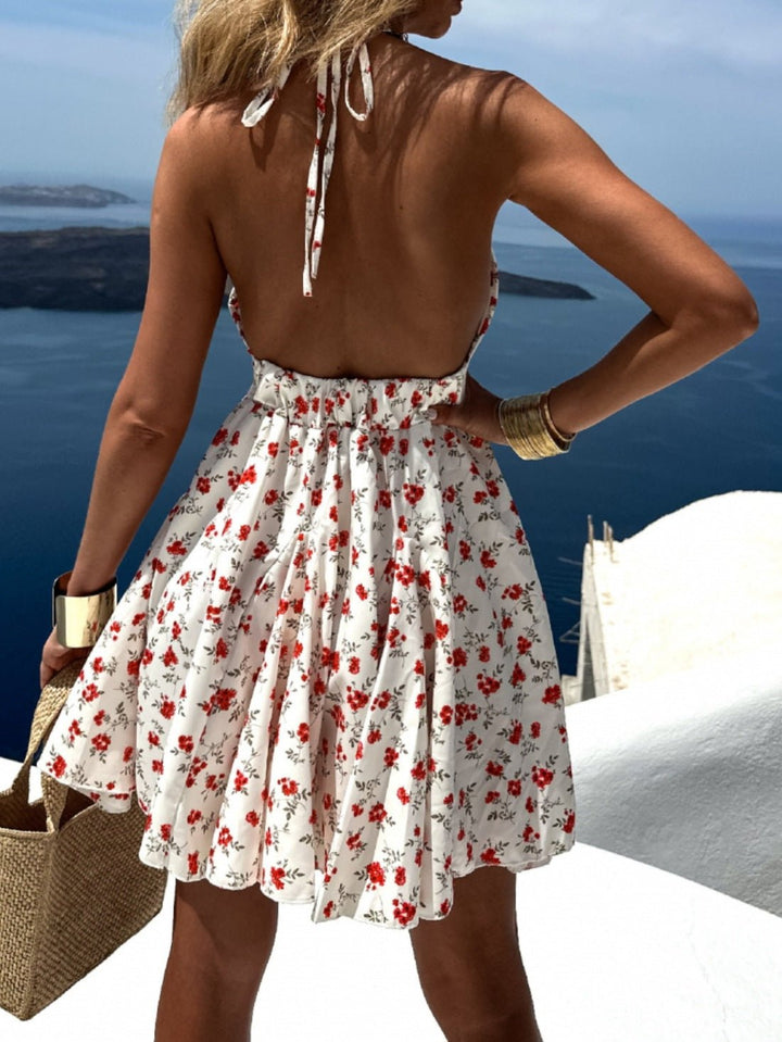 Abito corto con fantasia floreale con coppe preformate con scollo all'americana Elastico sul retro Gonna balza volant Bianco/Lilla Level Stores