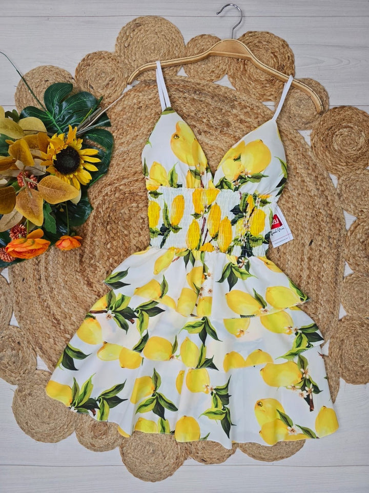 Abito corto con fantasia limone con coppe preformate con bretelle Elastico sul retro Gonna balza volant - Limone - Level Stores