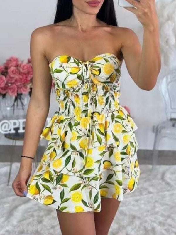 Abito corto con fantasia limone coppe preformate con lacci regolabili - Fantasia limone - Level Stores