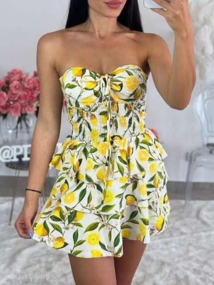 Abito corto con fantasia limone coppe preformate con lacci regolabili - Fantasia limone - Level Stores