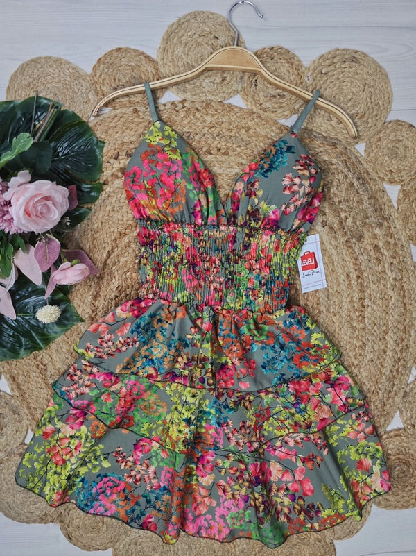 Abito corto con fantasia multicolore con coppe preformate con bretelle Elastico sul retro Gonna balza volant - Verde militare - Level Stores