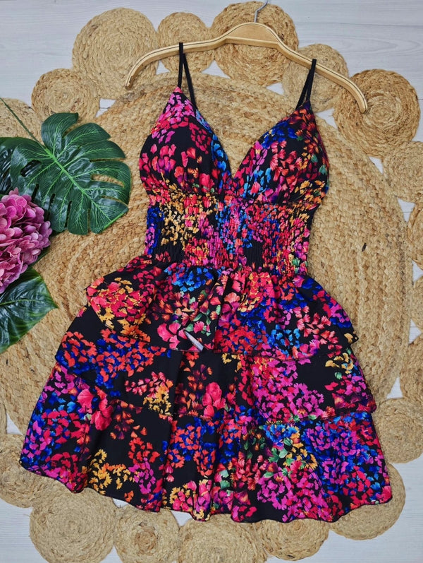 Abito corto con fantasia multicolore con coppe preformate con bretelle Elastico sul retro Gonna balze volant Nero Level Stores