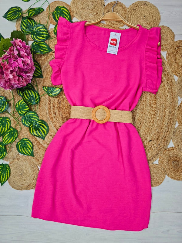 Abito corto con maniche volant in chiffon elastico in vita inclusa la cintura Fucsia Level Stores