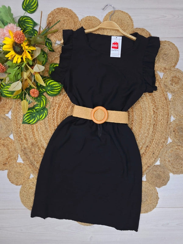 Abito corto con maniche volant in chiffon elastico in vita inclusa la cintura - Celeste - Level Stores