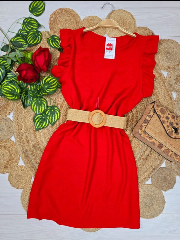 Abito corto con maniche volant in chiffon elastico in vita inclusa la cintura - Rosso - Level Stores