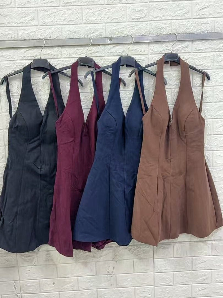 Abito corto con scollo all'americana con coppe preformate Gonna svasata Volant con zip elasticizzato Blu scuro Level Stores