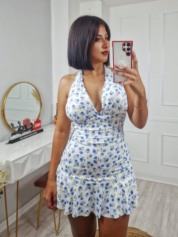 Abito corto con scollo all'americana con fantasia floreale con coppe preformateElastico sul retro Gonna balza volant Nero Level Stores