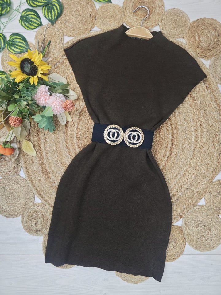 Abito corto di maglione donna costine smanicato collo alto aderente elasticizzato Beige Level Stores