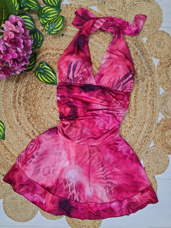 Abito corto in chiffon multicolore con scollo all'americana con coppe preformate Gonna svasata Volant con balza sul fondo - Bordo - Level Stores