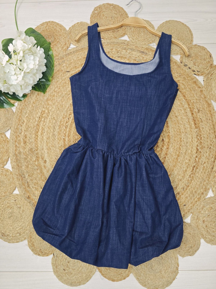 Abito corto in jeans in cotone elastico in vita e gonna a balze Blu Level Stores