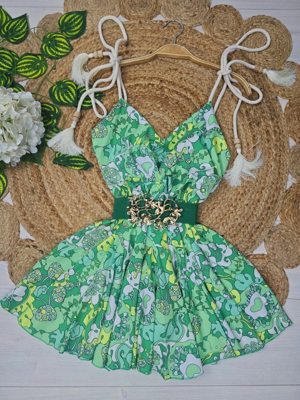 Abito corto in lycra con allacciatura al collo schienale scoperto e lacci regolabili fantasia animalier e gonna con volant a balze dal tessuto elasticizzato Bianco/Verde Level Stores