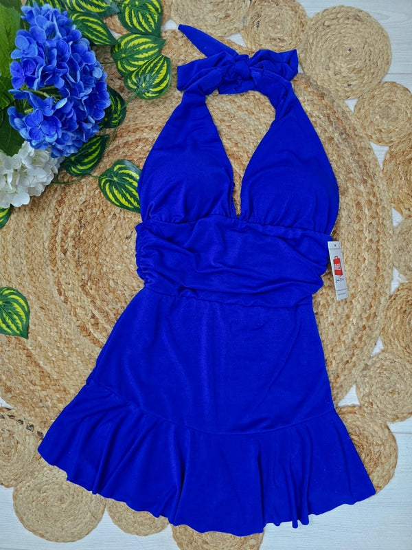 Abito corto in lycra tinta unita con scollo all'americana con coppe preformate Gonna svasata Volant con balza sul fondo - Blu elettrico - Level Stores