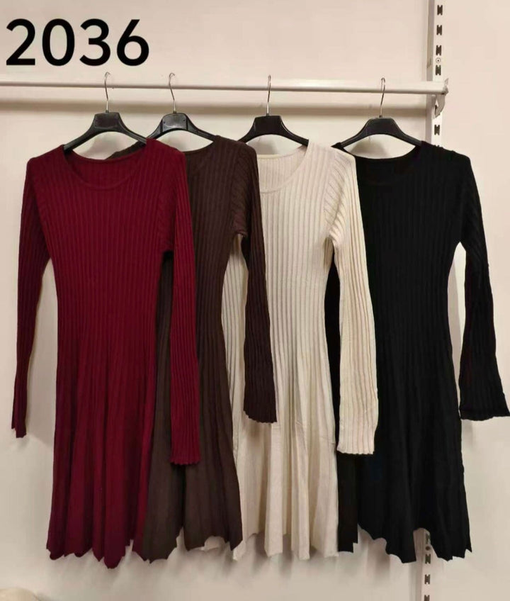 Abito da donna in tessuto a costine con maniche lunghe, design aderente ed elasticizzato volant morbido e caldo Nero Level Stores